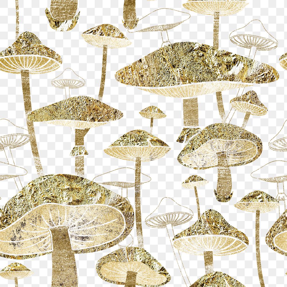 Mushroom psychedelic png pattern, transparent background, gold cottagecore design