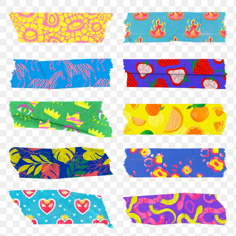 Funky pattern png washi tape clipart, colorful journal decoration set on transparent background