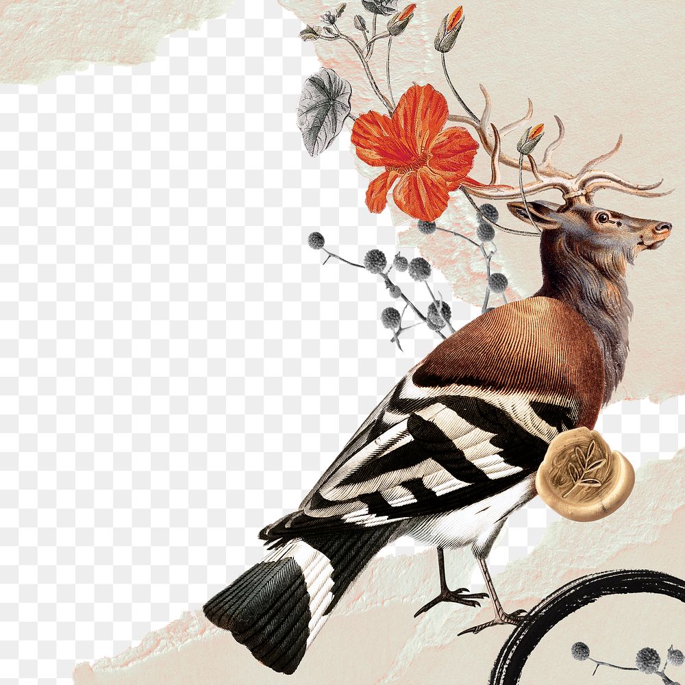 Retro deer bird collage sticker png, scrapbook paper clip art border frame