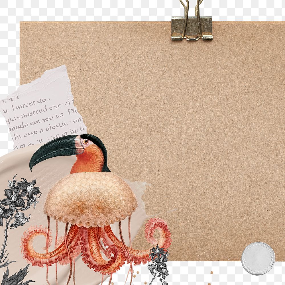 Retro toucan bird png sticker note transparent frame background, surreal hybrid animal scrapbook illustration
