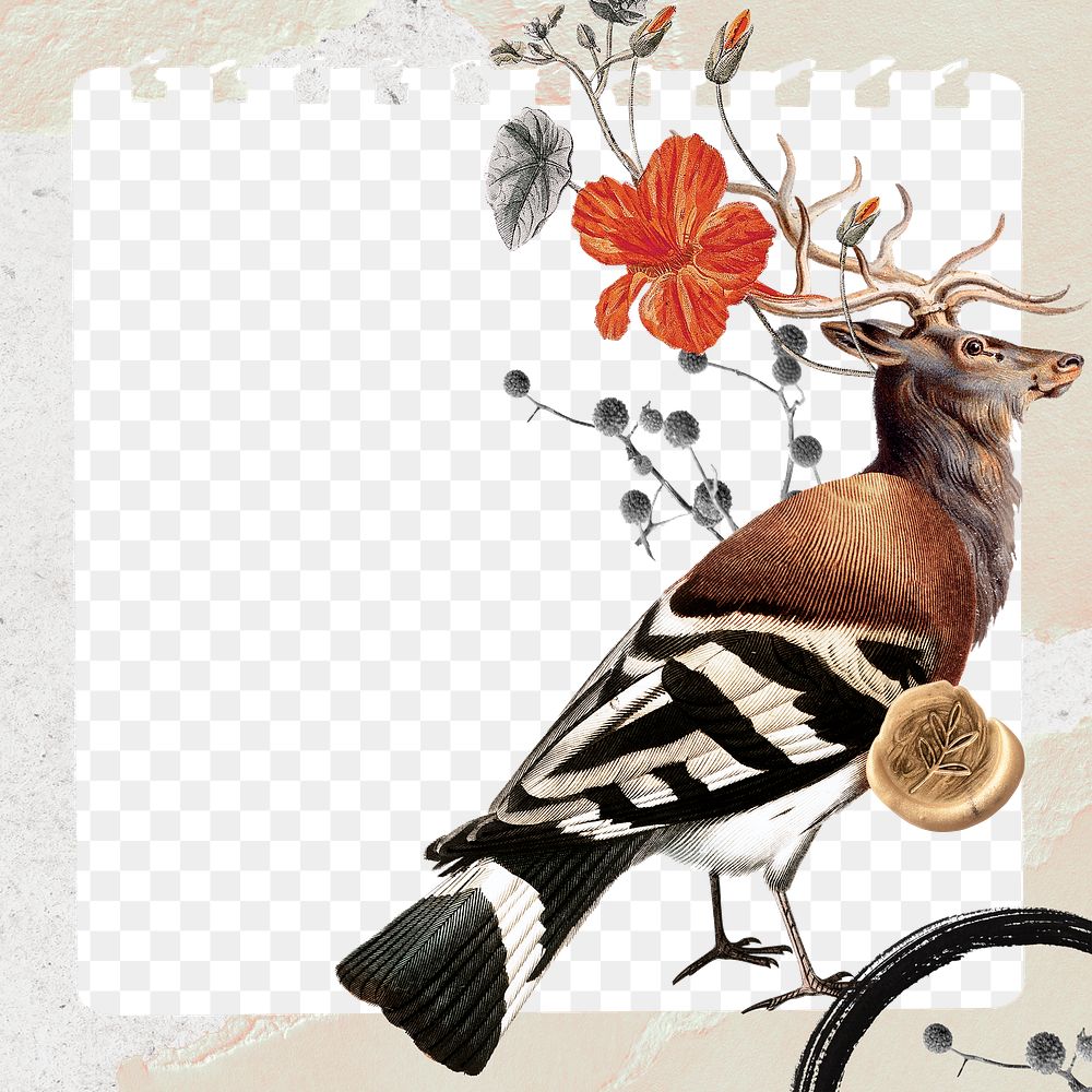 Retro deer png transparent note in frame, surreal hybrid animal scrapbook illustration