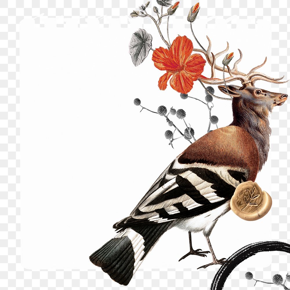 Retro deer png sticker note transparent frame background, surreal hybrid animal scrapbook illustration