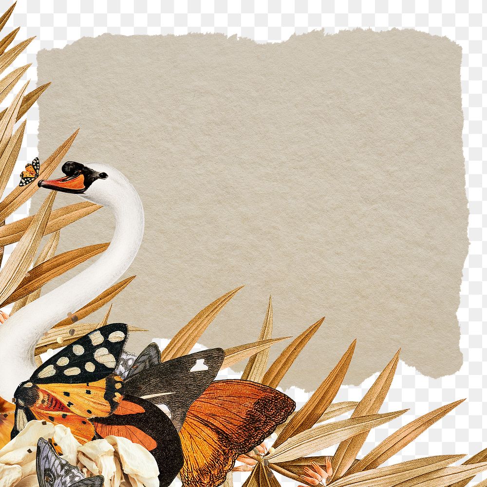 Retro swan png sticker transparent frame background, surreal hybrid animal scrapbook note illustration