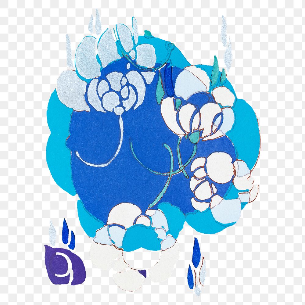 Abstract flower png sticker, blue botanical illustration