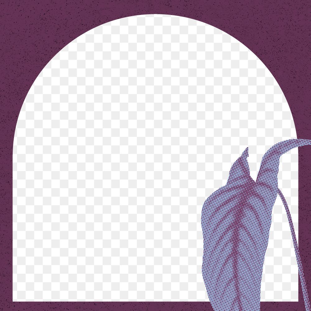 Purple png frame, retro aesthetic philodendron plant in halftone, transparent design