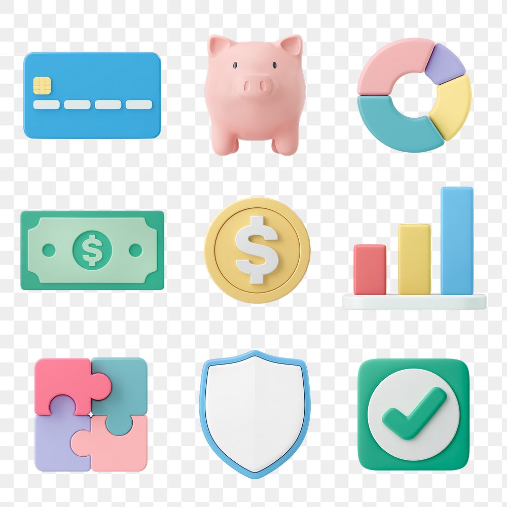 3D finance business png clipart, money & banking set on transparent background