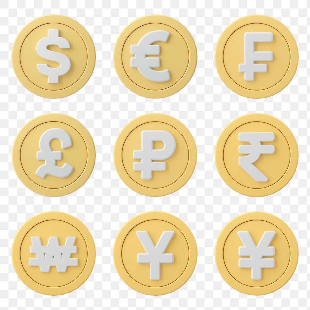 International currency png, money clipart, 3D finance graphic set on transparent background