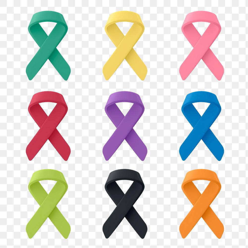 Cancer awareness png ribbons clipart, 3D health & wellness graphic set on transparent background