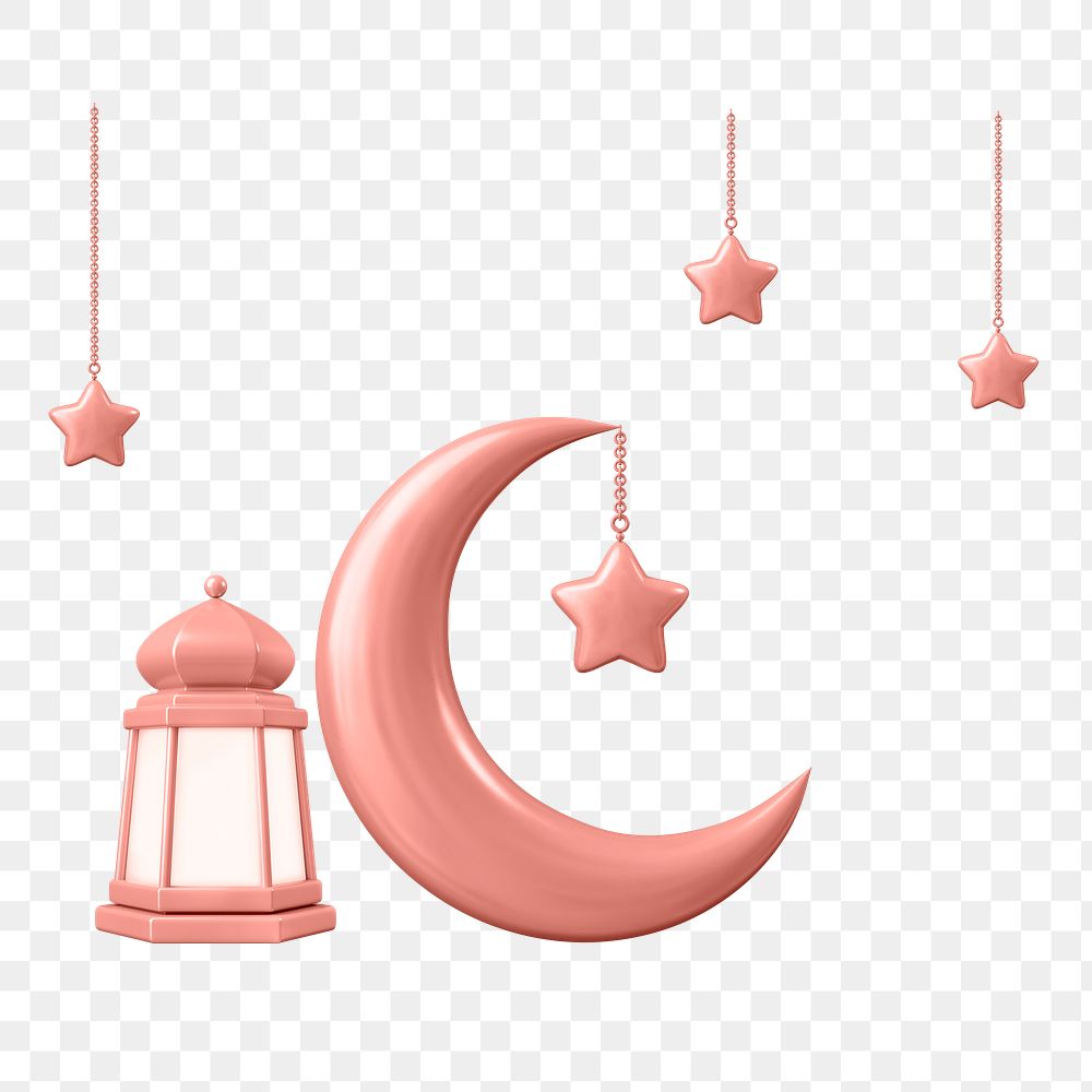 3D Ramadan png moon clipart, pink religious illustration on transparent background