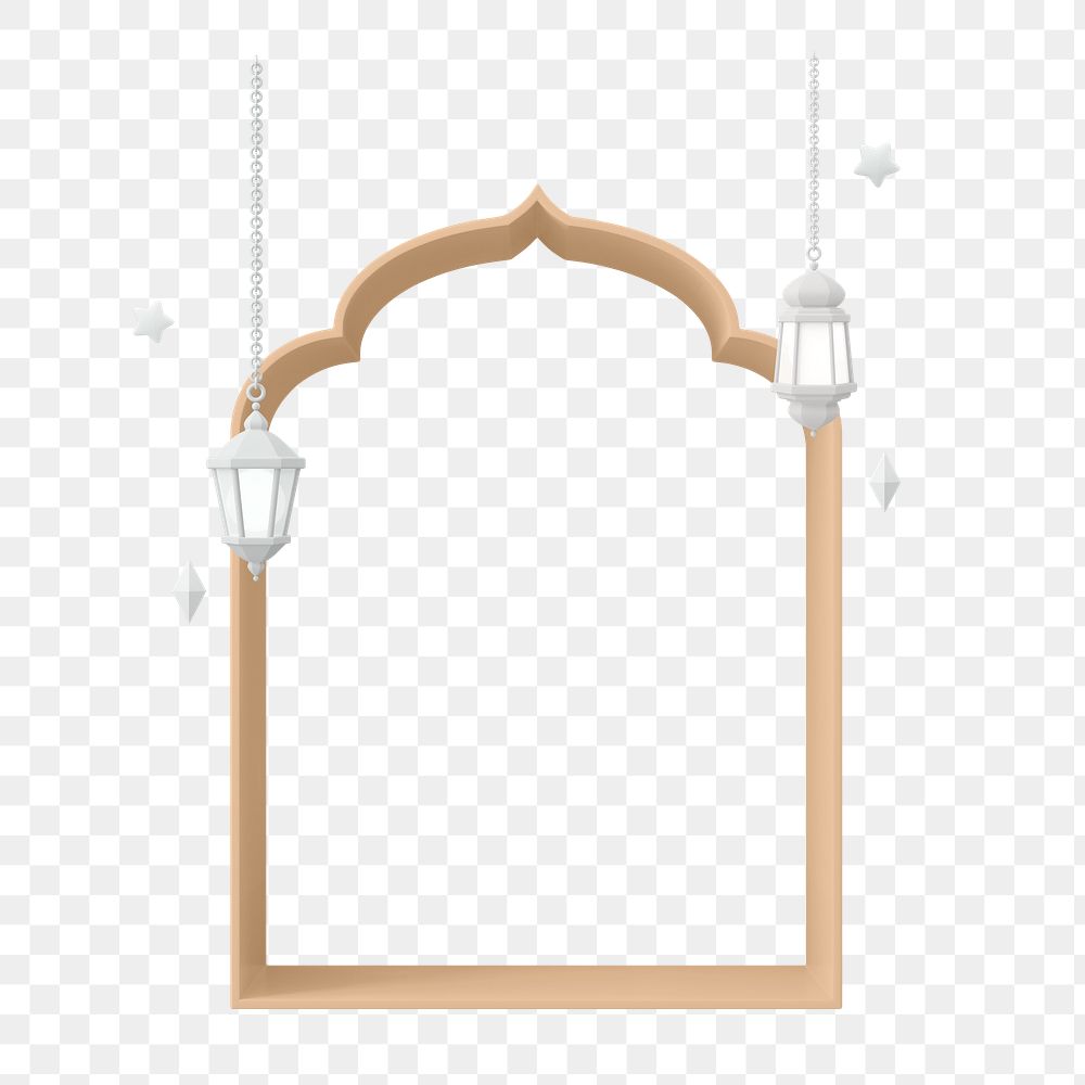 Arched frame png 3D clipart, hanging lanterns on transparent background