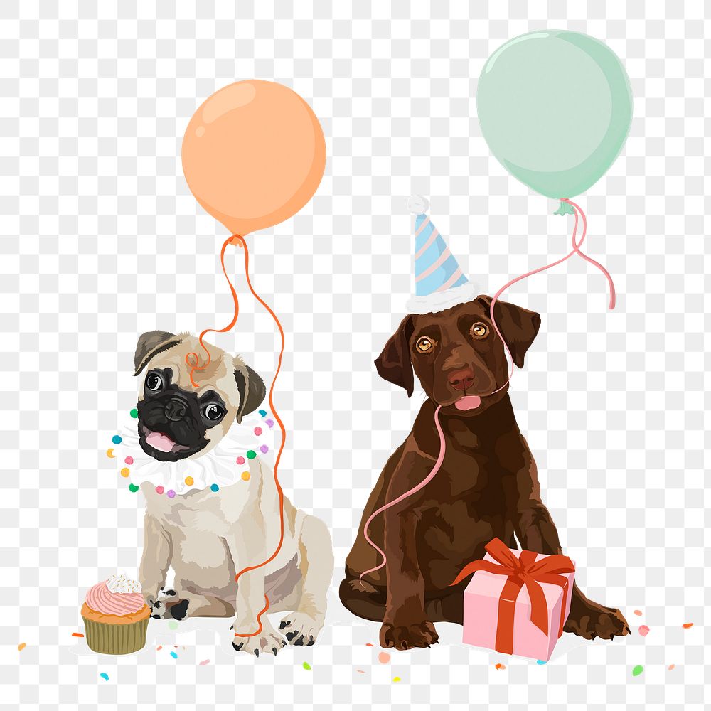 PNG party puppies sticker, balloons and gift box illustration, transparent background