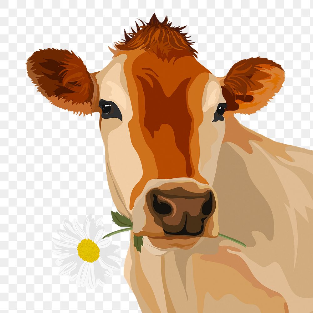 PNG cute cow with flower illustration, sticker in transparent background