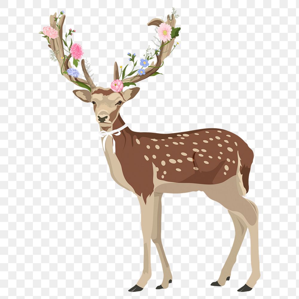 Floral deer png illustration, flower decoration, wild animal sticker, transparent background