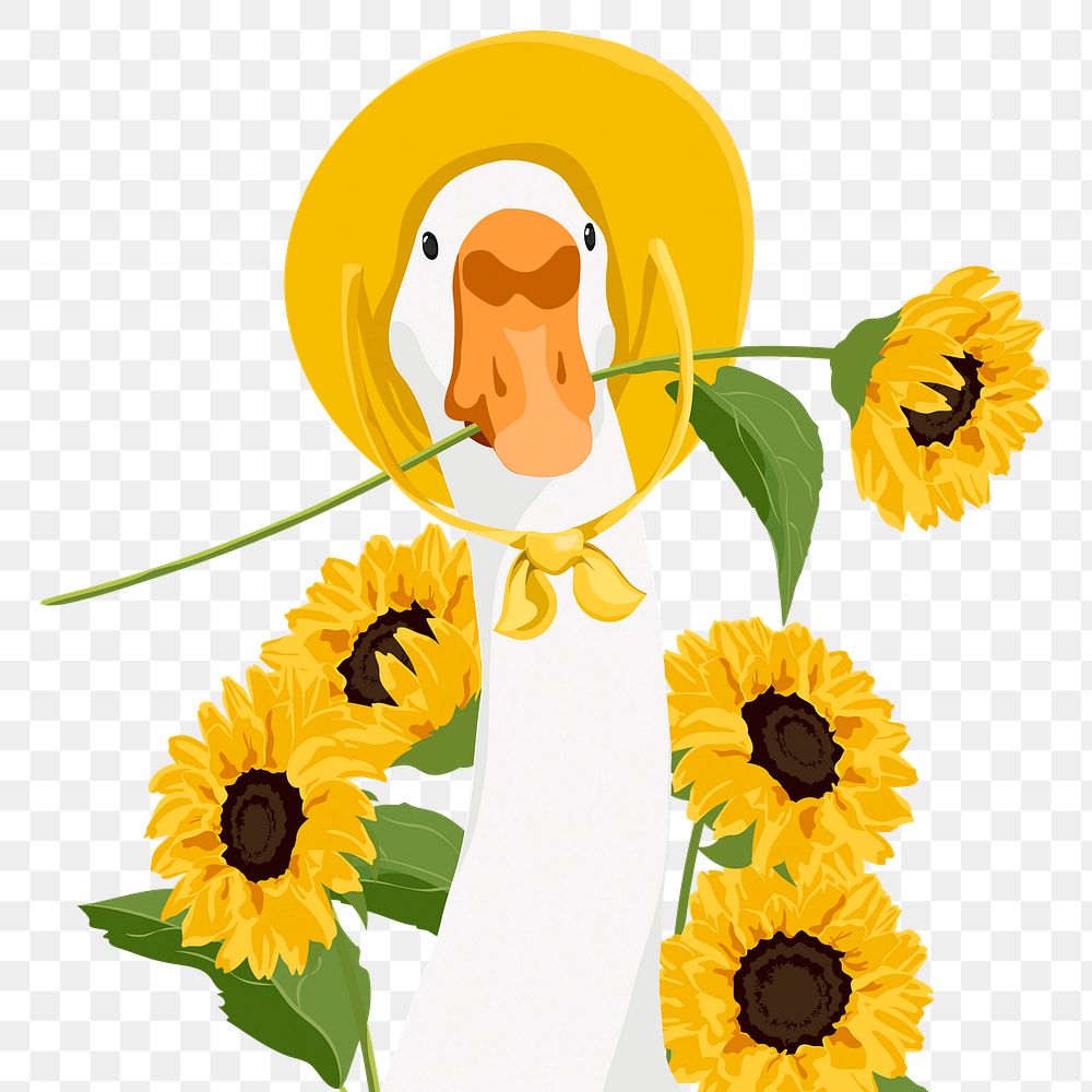 Summer duck png, sunflower and hat illustration sticker, transparent background