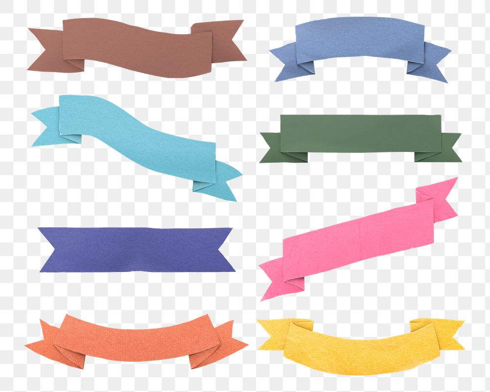 Png ribbon banner sticker set, paper craft design on transparent background