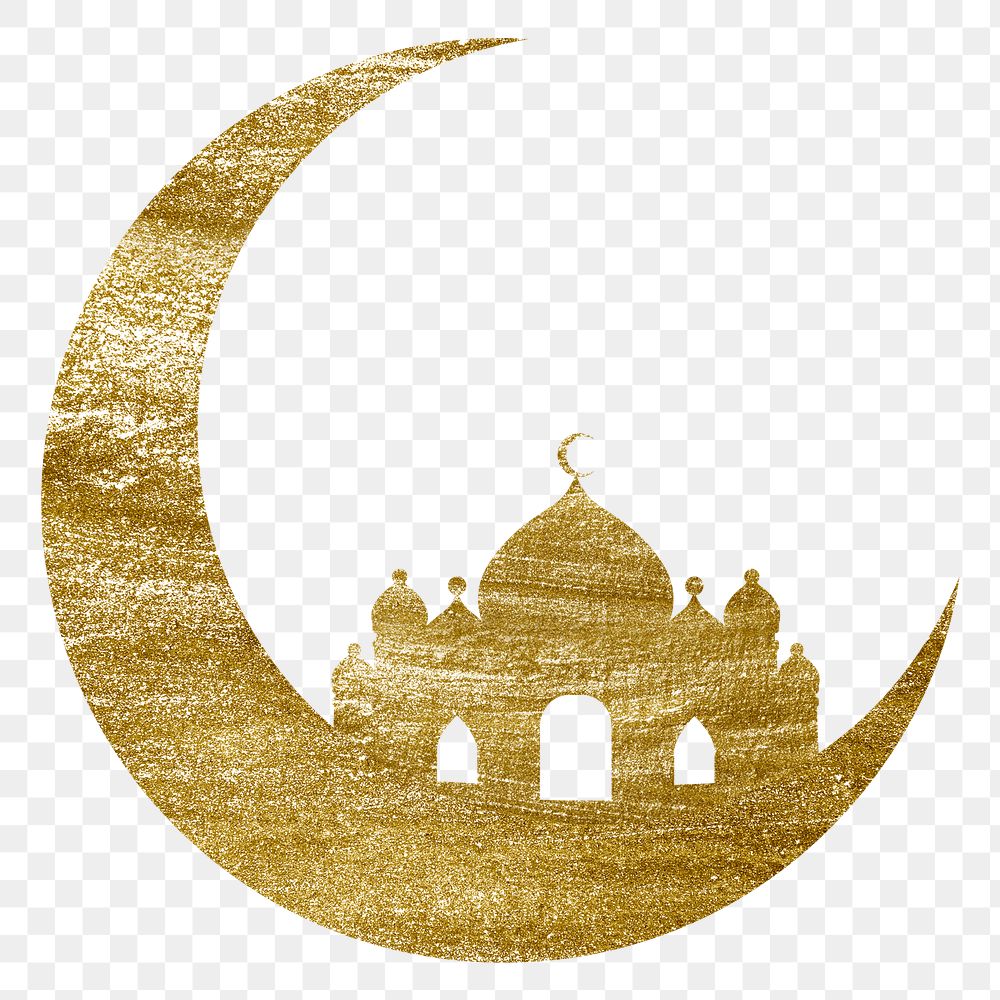 Gold png masjid, moon sticker on transparent background