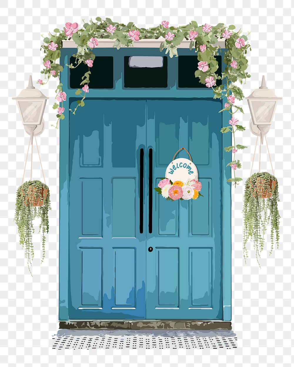 Aesthetic French png door clipart, house entrance with flowers