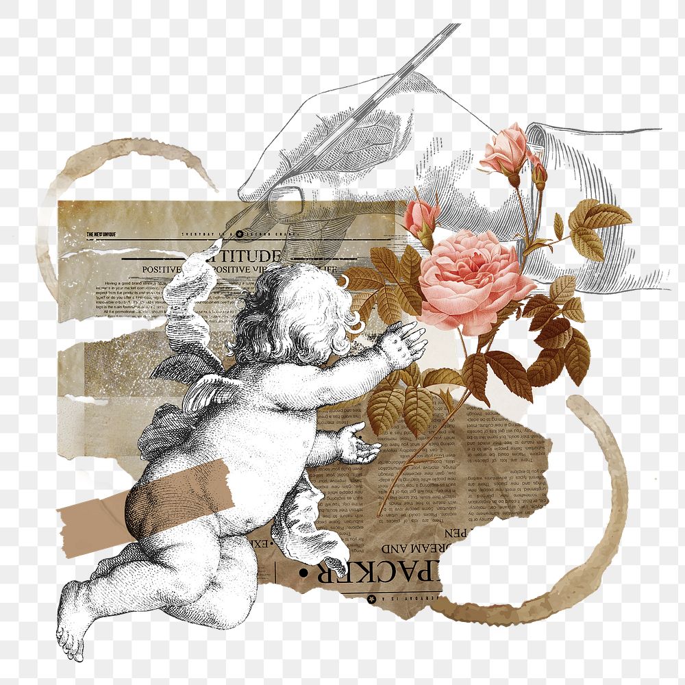 Vintage aesthetic ephemera png collage, mixed media background featuring cherub and flower, transparent background 