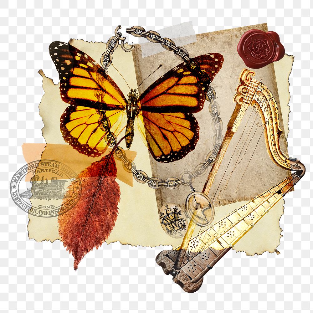 Vintage aesthetic ephemera png collage, mixed media background featuring butterfly and harp, transparent background 