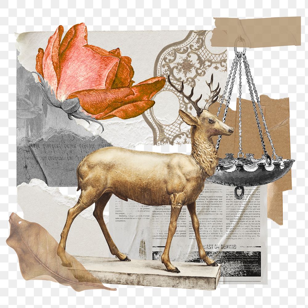 Vintage aesthetic ephemera png collage, mixed media background featuring deer and rose, transparent background 