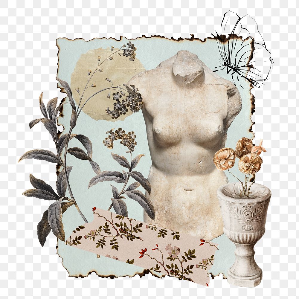 Vintage aesthetic ephemera png collage, mixed media background featuring Greek statue and flower, transparent background 