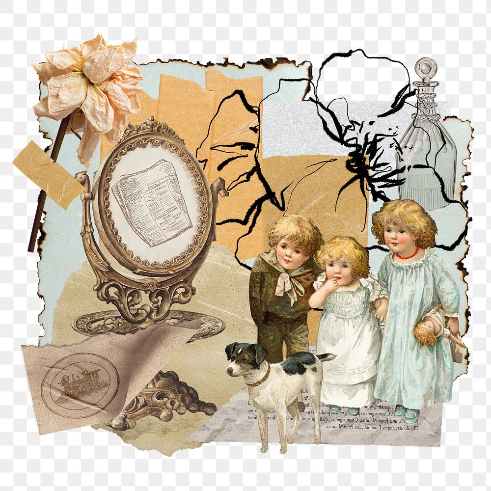 Vintage aesthetic ephemera png collage, mixed media background featuring kids and flower, transparent background 