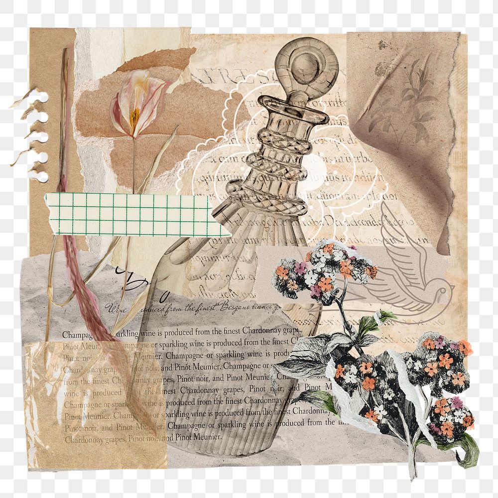 Vintage aesthetic ephemera png collage, mixed media background featuring perfume bottle and flower, transparent background 