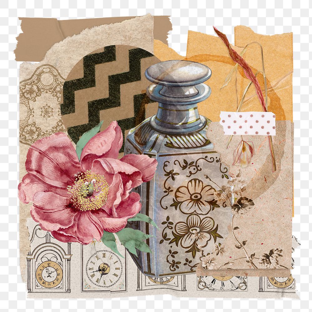 Vintage aesthetic ephemera png collage, mixed media background featuring perfume bottle and flower, transparent background 