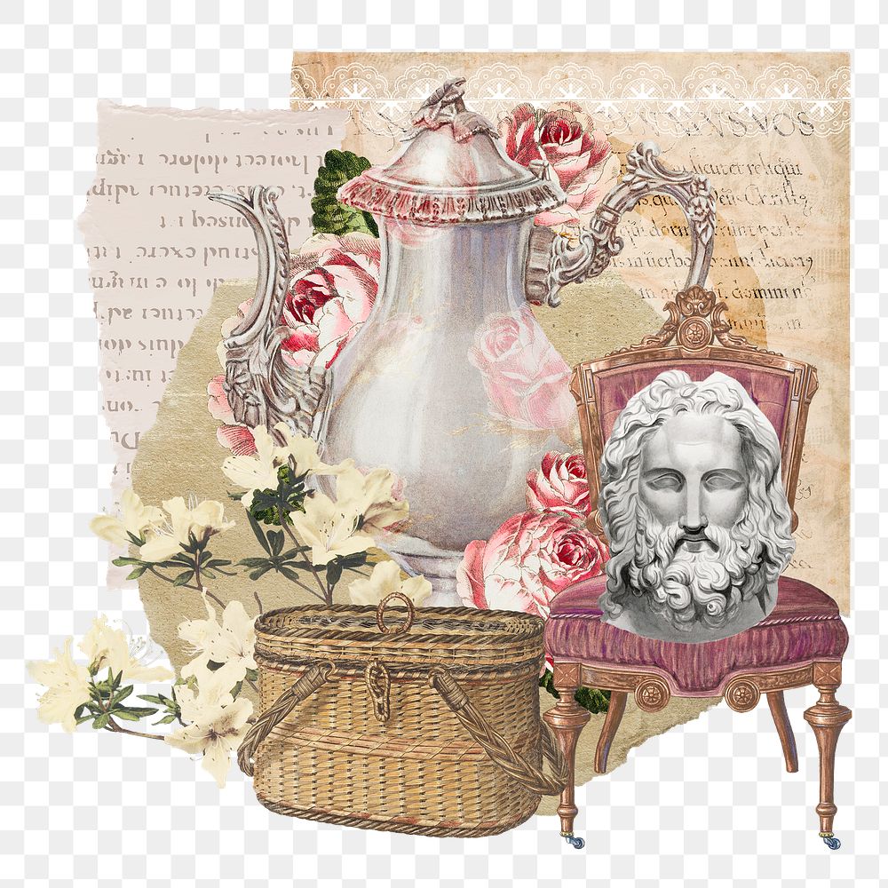 Vintage aesthetic ephemera png collage, mixed media background featuring teapot and Greek statue head, transparent…