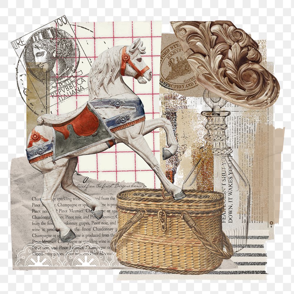 Vintage aesthetic ephemera png collage, mixed media background featuring horse and basket, transparent background 