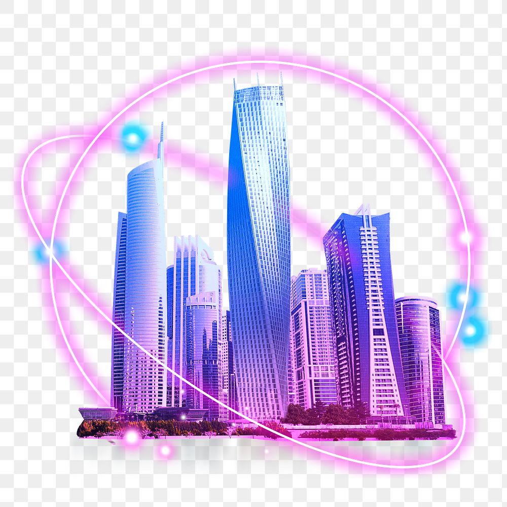 Neon connected city png sticker, transparent background