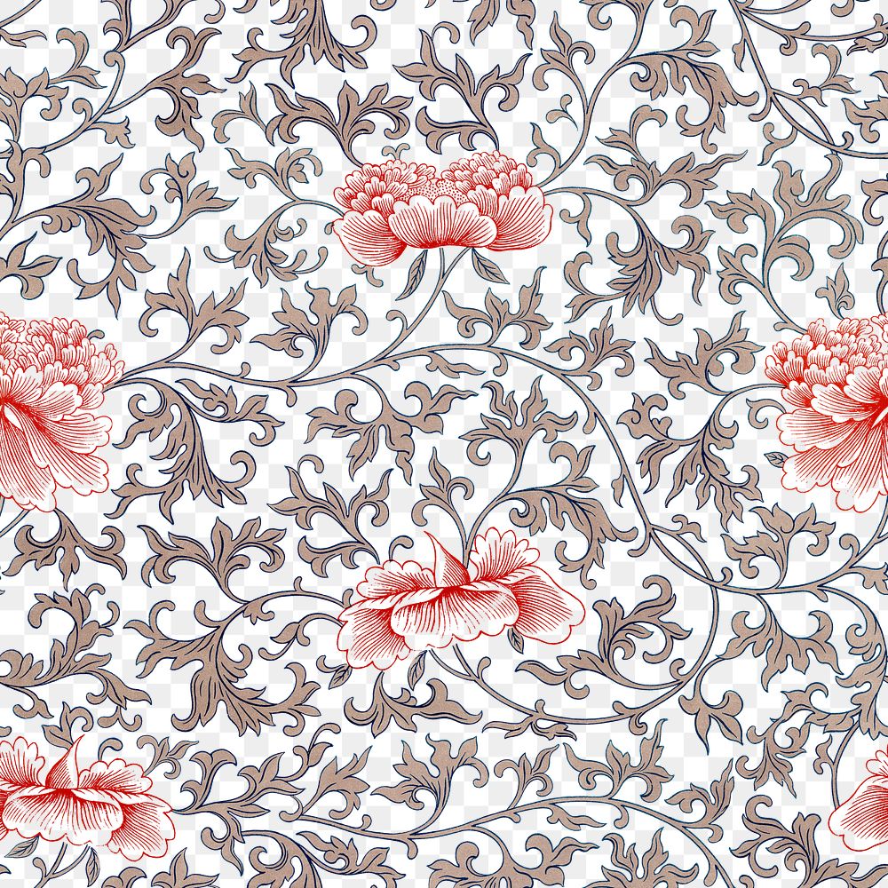 Chinoiserie floral png seamless pattern on transparent background