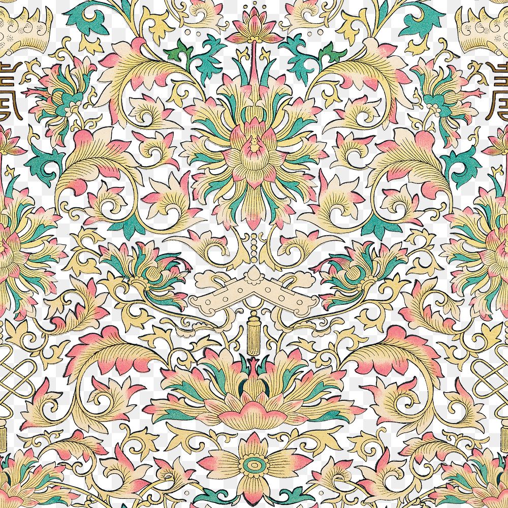 Chinese vintage floral png seamless pattern, decorative oriental art, transparent background