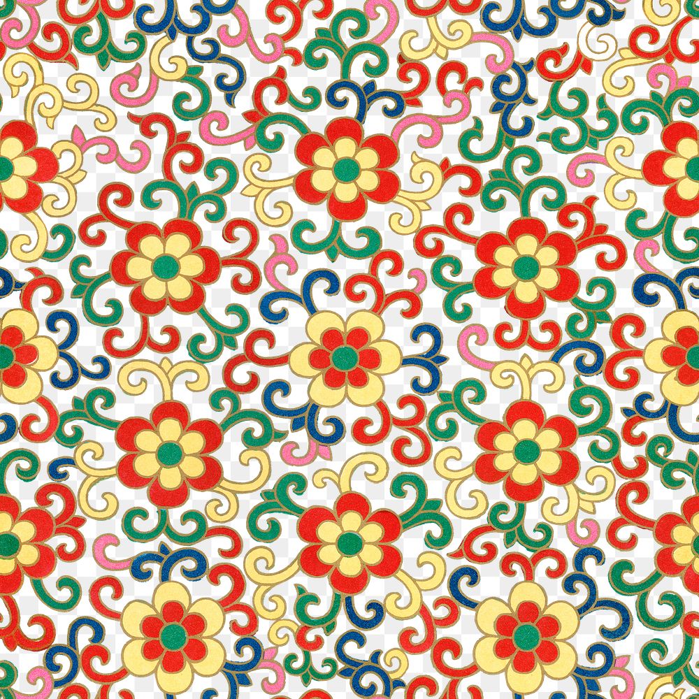 Chinoiserie floral png seamless pattern on transparent background