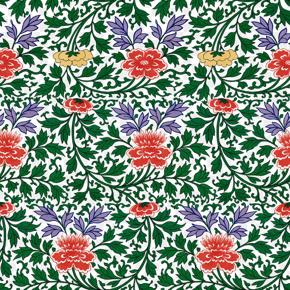 Oriental flower png seamless pattern, transparent background