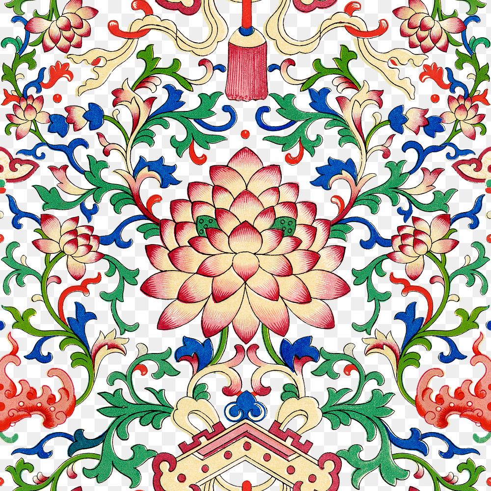 Chinese vintage floral png seamless pattern, decorative oriental art, transparent background