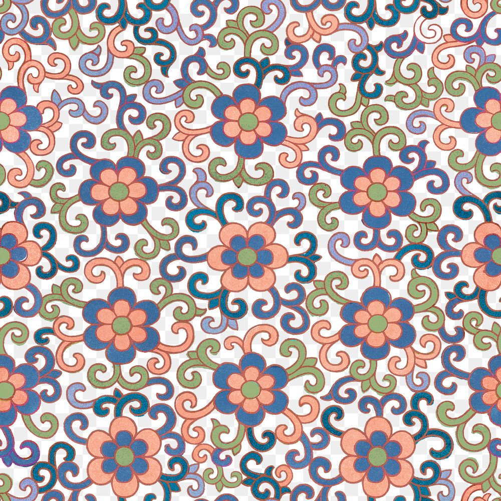 Chinoiserie floral png seamless pattern on transparent background