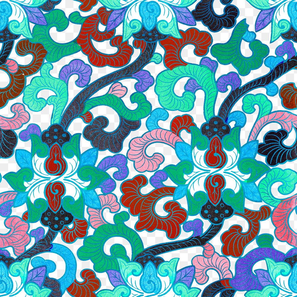 Oriental flower png seamless pattern, transparent background