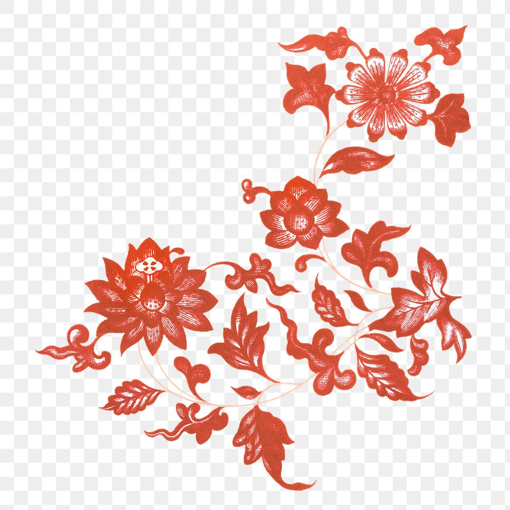 Red flower png sticker, Chinese aesthetic vintage illustration, transparent background