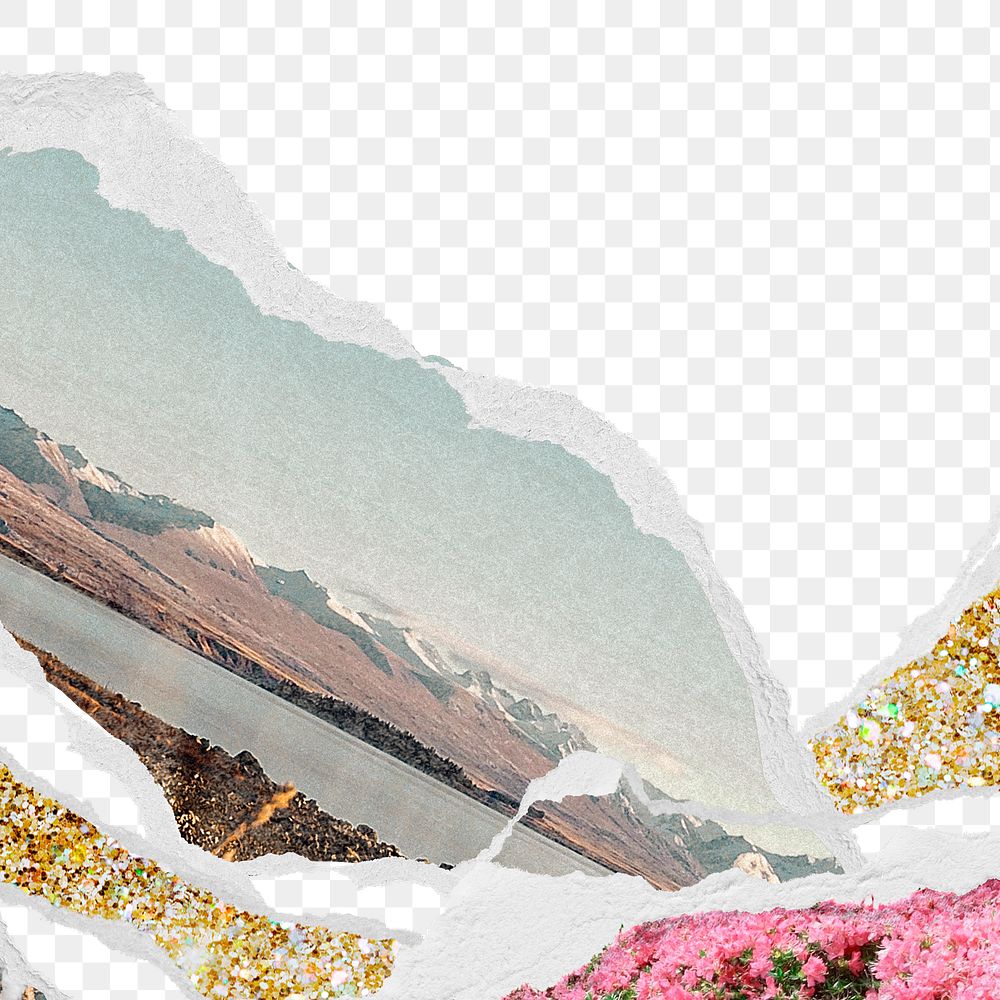 Surreal landscape png border, ripped paper collage art transparent background