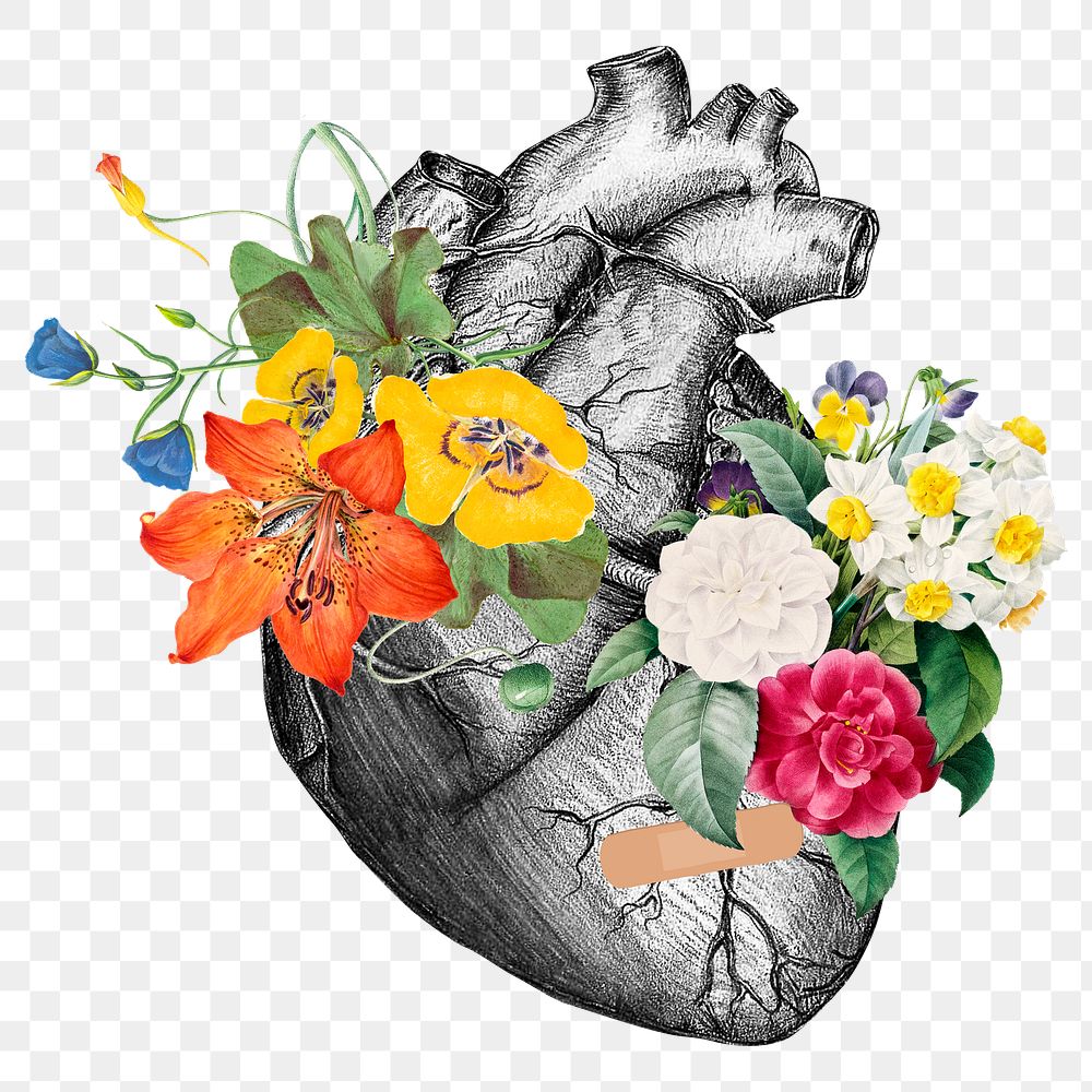 Beautiful heart png sticker, flower collage, grayscale transparent background