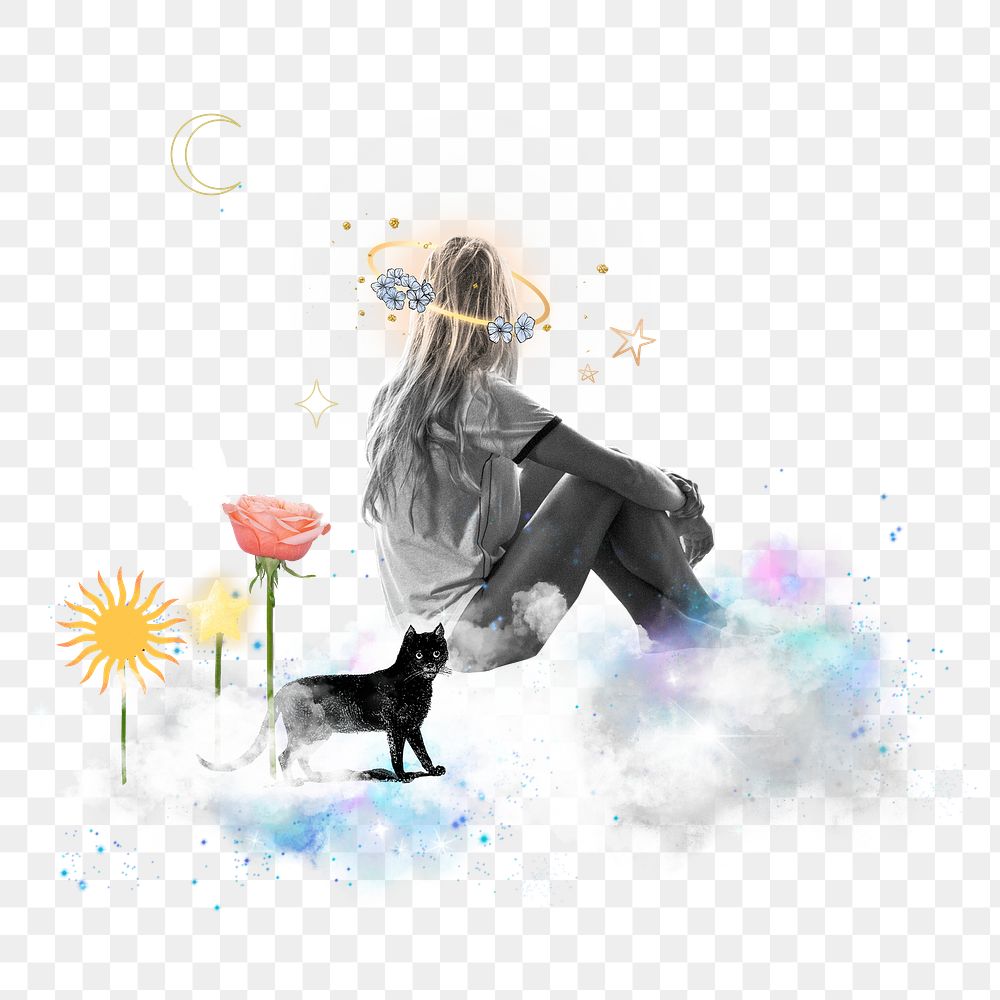 Lonely woman png sticker, dreamy collage transparent background