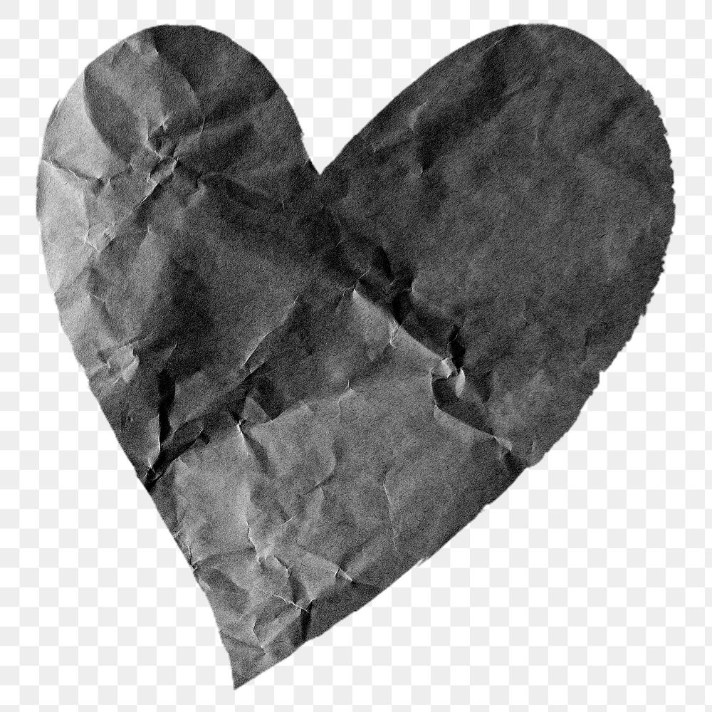 Black heart png sticker, crumpled paper transparent background