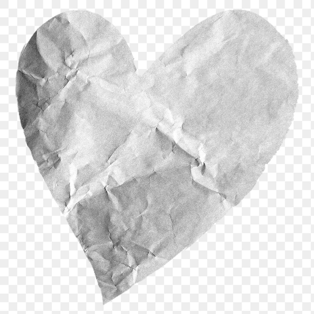 Gray heart png sticker, crumpled paper transparent background