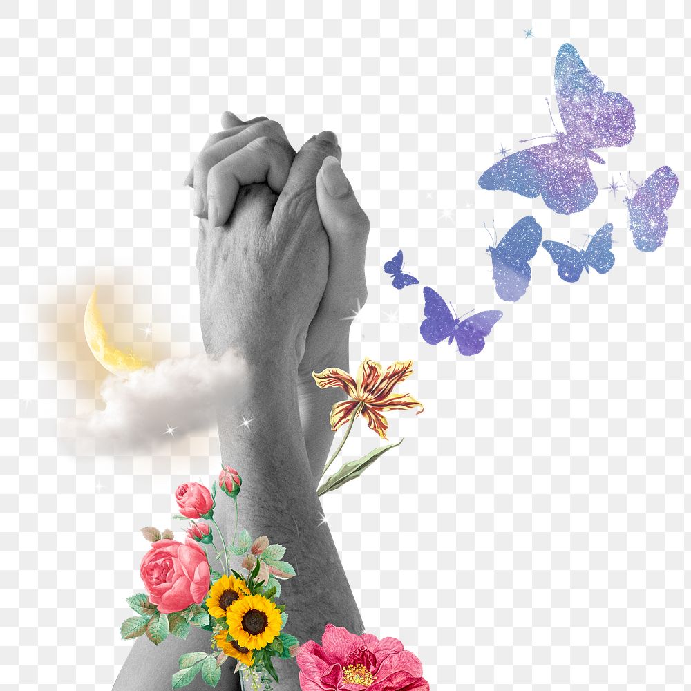 Clasped hands png sticker, flower mixed media  transparent background