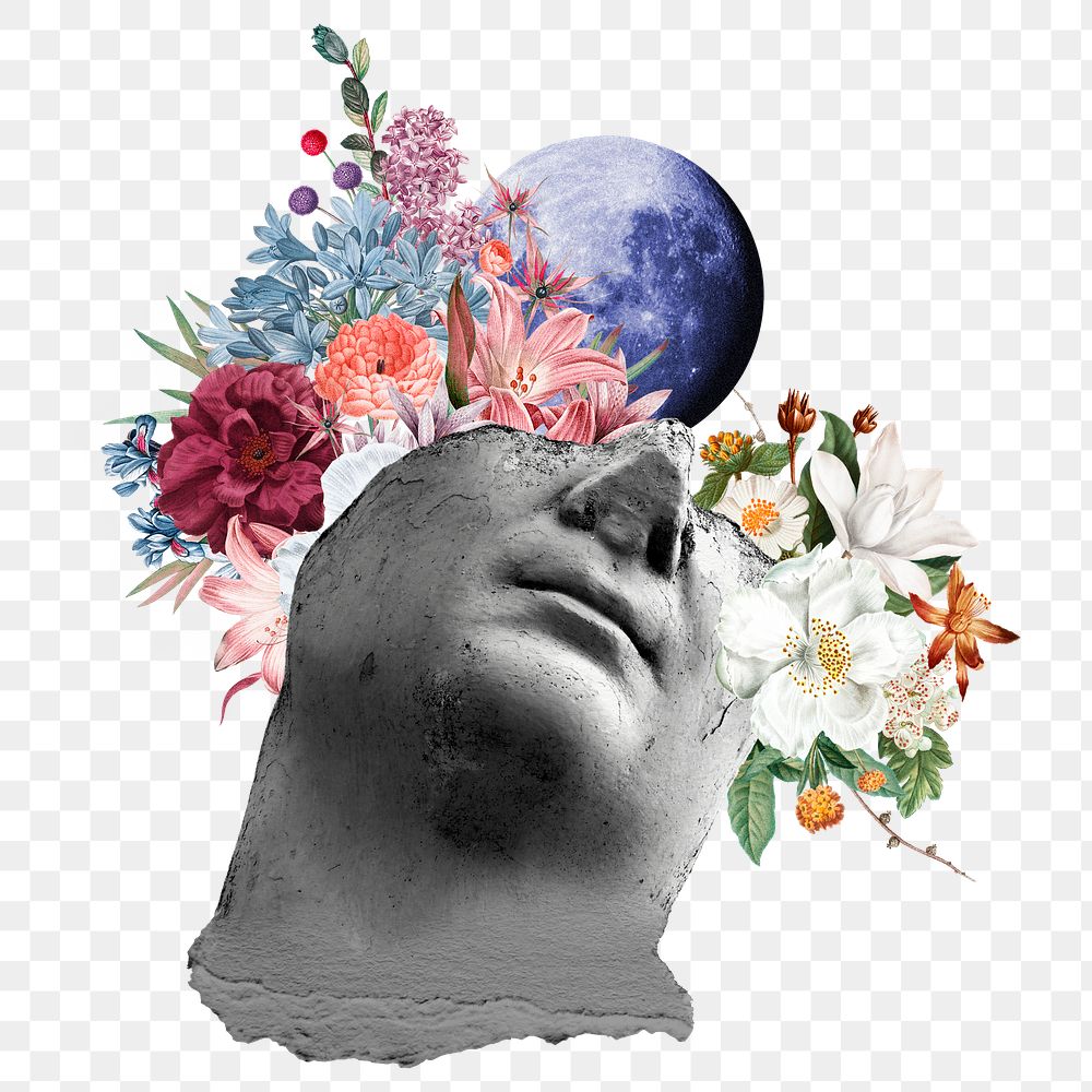 Png surreal statue head sticker, flower collage art  transparent background