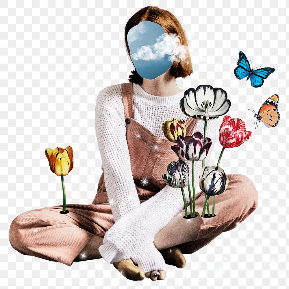 Woman png sticker, surreal escapism mixed media  transparent background
