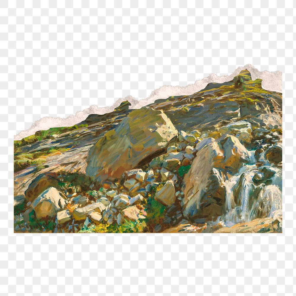 Waterfall landscape png sticker, ripped paper transparent background