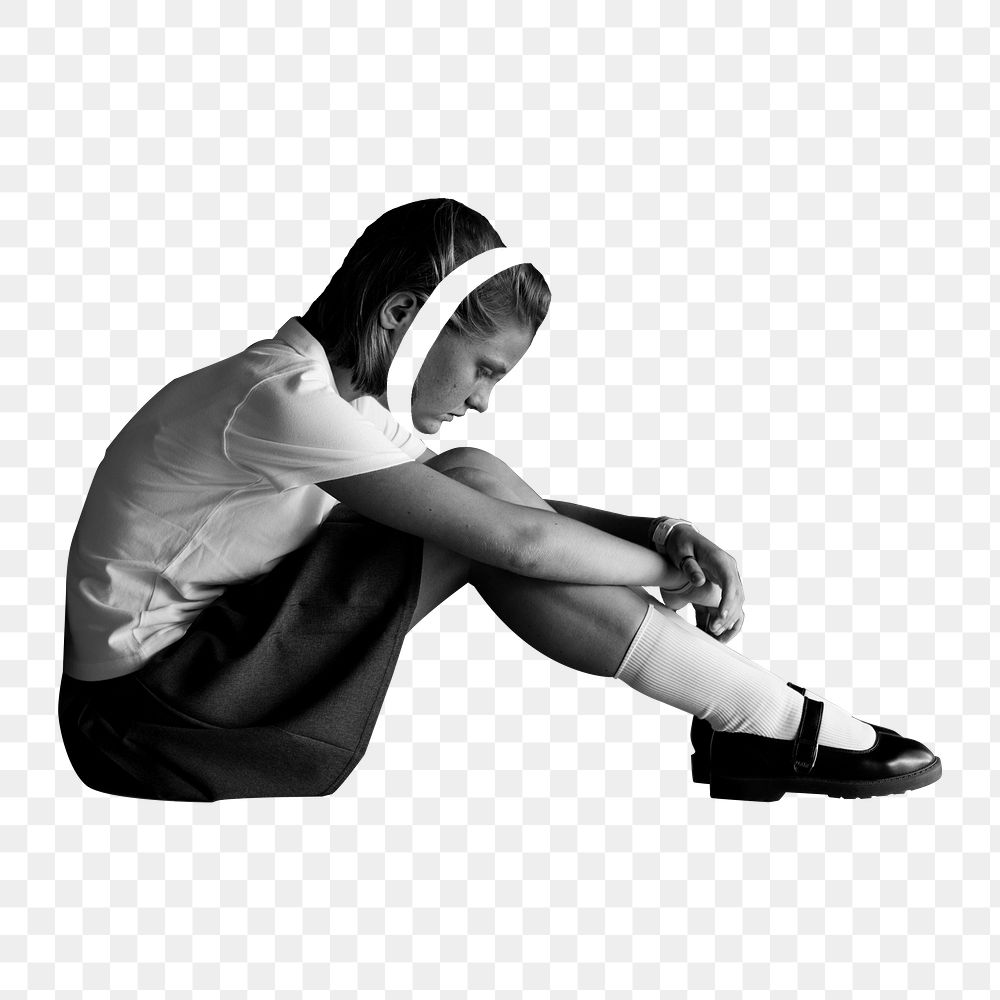 Sad girl png sticker, black and white transparent background