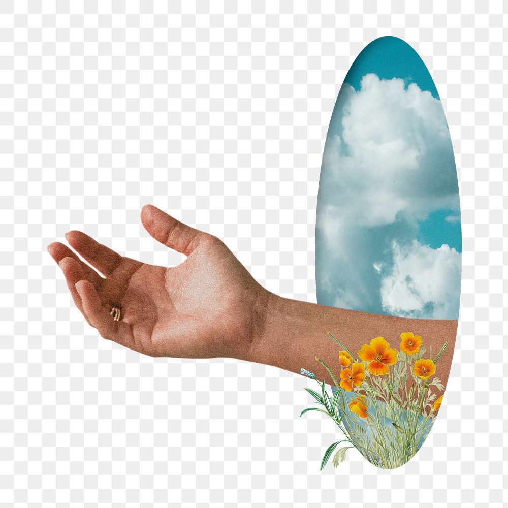 Surreal escapism png sticker, hand through sky mirror transparent background